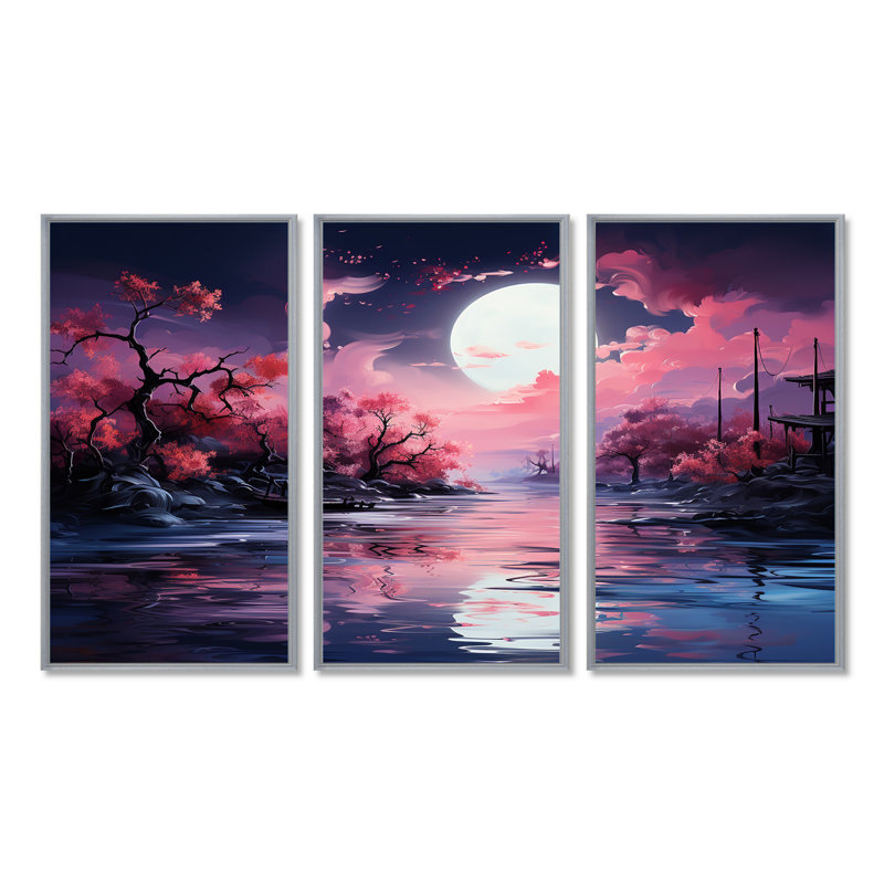 Pleine lune, ciel rose, ensemble de décorations murales lac Cherry Blossom, H 28 po x l 36 po x P 1 po, Encadrement argenté