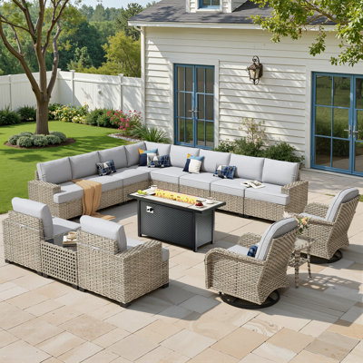 Outdoor 12-Person Rattan Settee Sofa Set, Equipped With A 54-Inch Liquefied Gas Fireplace Table, And Available In Multiple Color Options For The Cushions.