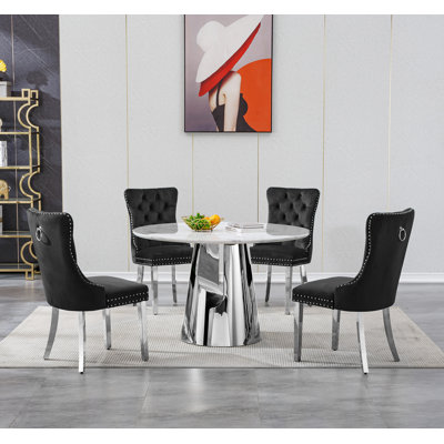 Dining Table Set, 45" Round Marble Dining Table with Velvet Dining Chairs, Circle Kitchen Table Set with Base, Dining Room Table and Chairs Set