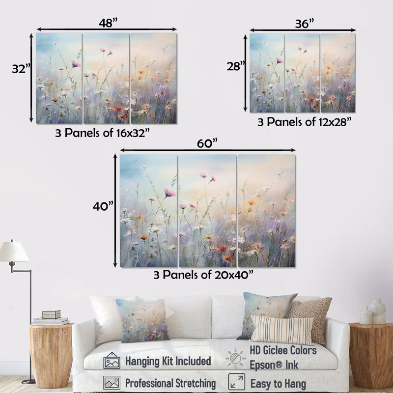 Wildflowers Wander Meadows I - ensemble d'art mural sur toile Wildflowers, H 32 po x l 48 po x P 1 po, Toile tendue