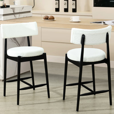 Of 2 Mid Century Modern Counter Stools, Black + Beige Design, Skin - Boucle, Rubber Wood Frame, I Shaped Footrest, For Restaurant And Dining Room Boucle Upholstered Round Cushion, Legs With Grains,