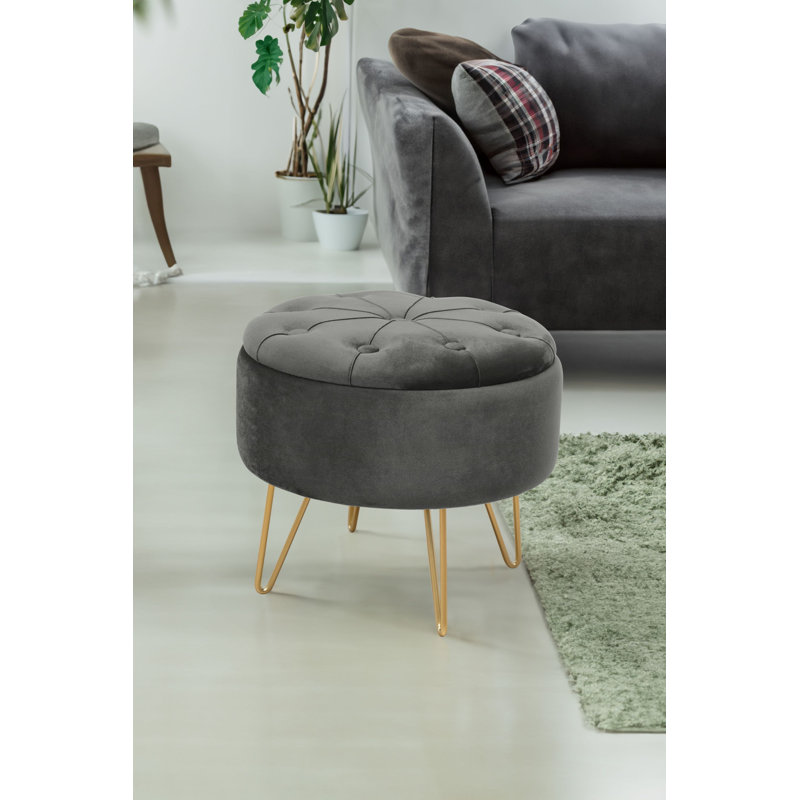 Ajla 38cm Wide Velvet Tufted Circle Pouf Ottoman with Storage