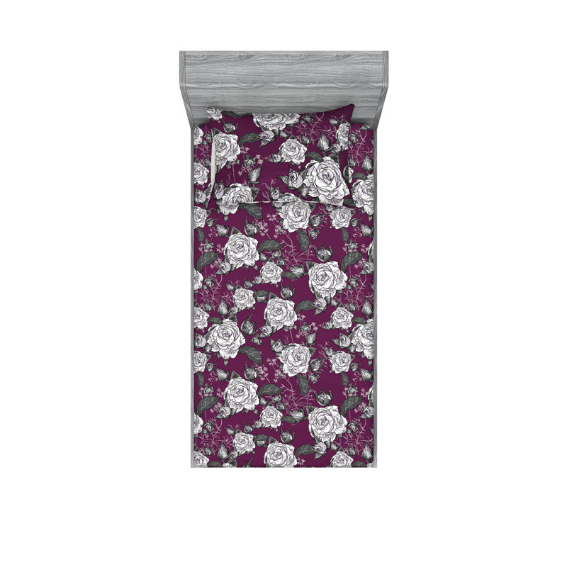 Drap-housse et taies décoratives 3 pièces Ambesonne, Magenta foncé, blanc cassé / floral