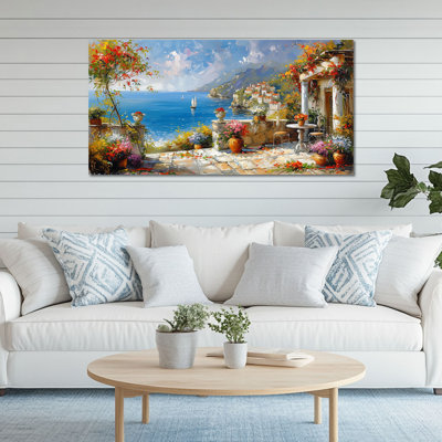  Amalfi Coast Wall Art, Italy Canvas Mediterranean Home Decor Amalfi Balcony Seascape Art Prints, Vintage Positano Travel Poster Painting for Home Entryway, Living Room Decoration 24x12 Inches