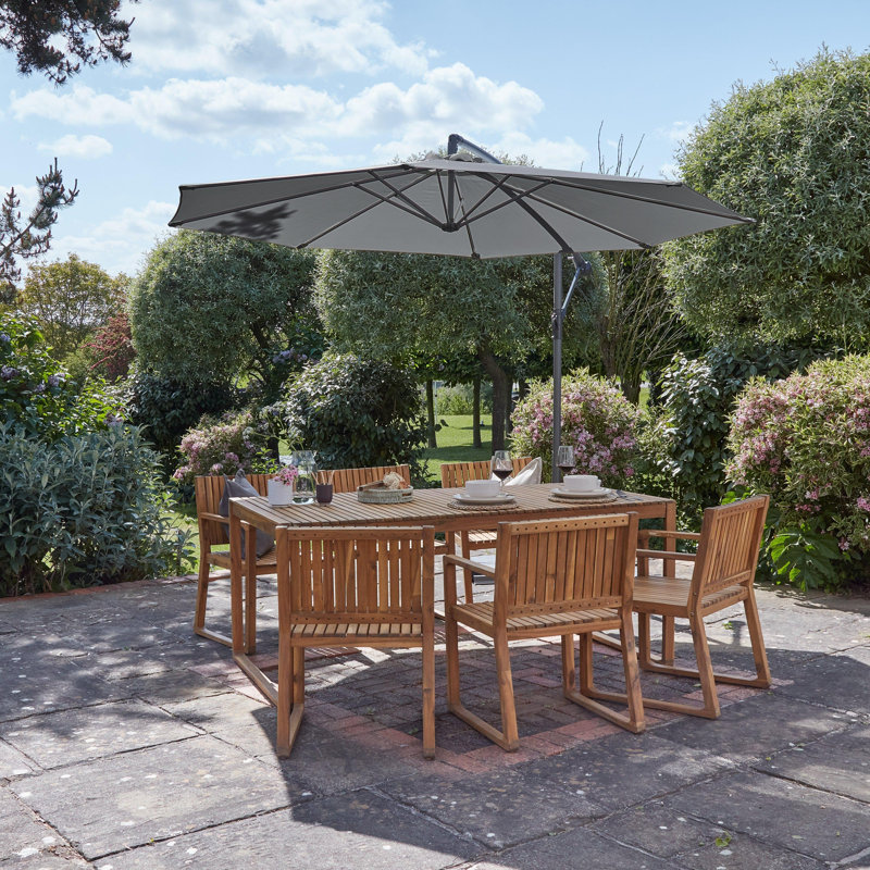 Lankin Rectangular 180cm L Acacia Outdoor Table Set, 8 Pieces: Table, Umbrella, 6 Chairs, Grey