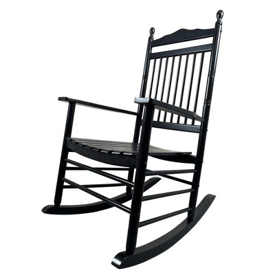 Chaise berçante noire pour adultes sur le balcon et le porche - Bois massif avec siège de détente protégé et accoudoir Dossier à lattes ferme Assemblage facile inclus Instructions de quincaillerie Limite de poids: 280 livres