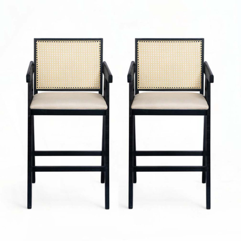 Woven Cane Plastic Backrest Bar Stool, Black, Cream Grey