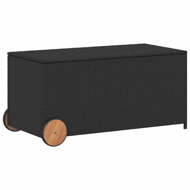 Boîte de rangement d'extérieur Saki, rotin rectangulaire en poly noir, roues en bois, Noir / brun clair