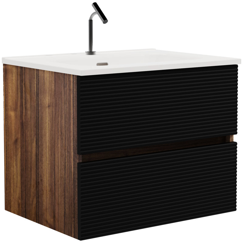 Meuble-lavabo moderne de 24 po - Noir doux et couleur noyer. Grand rangement avec trop-plein en céramique. Système de système de fermeture en douceur silencieuse. Rangement spacieux intégré, fonctionnel
