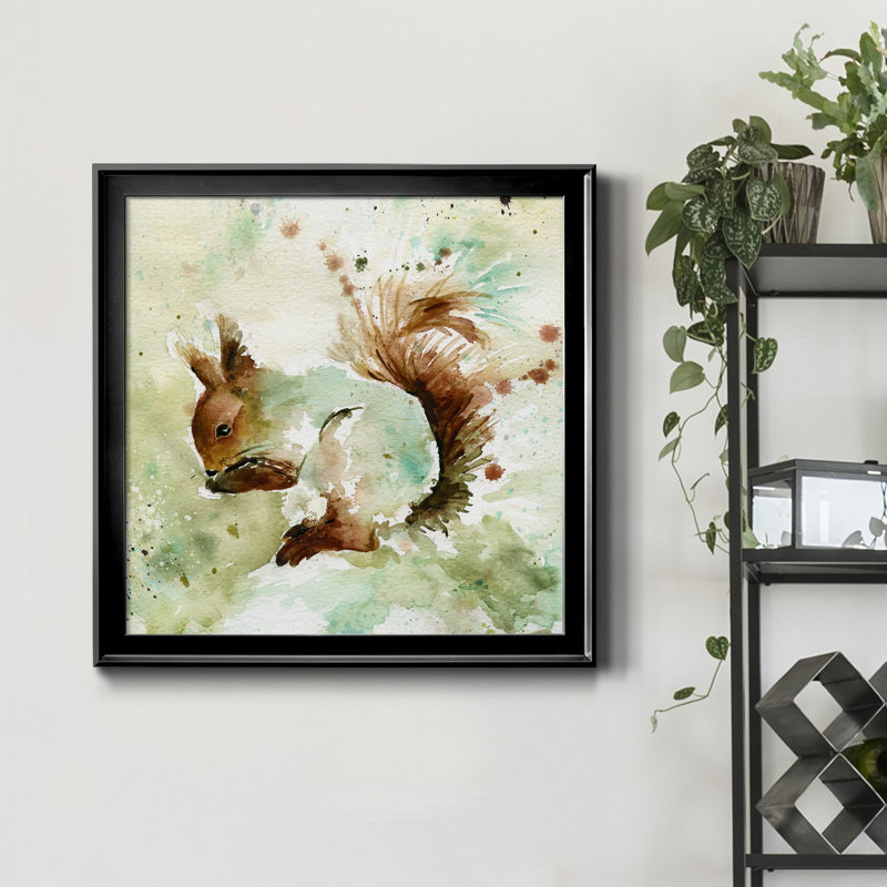 Écureuil au printemps - Peinture sur toile encadrée, H 17,5 po x l 17,5 po x P 1,5 po, Cadre noir