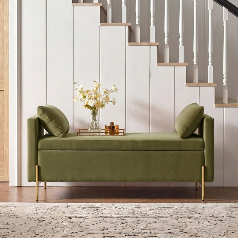 Aristides 56''W Upholstered Flip Top Bench with Subdivided Storage and Toss Pillows, Golden