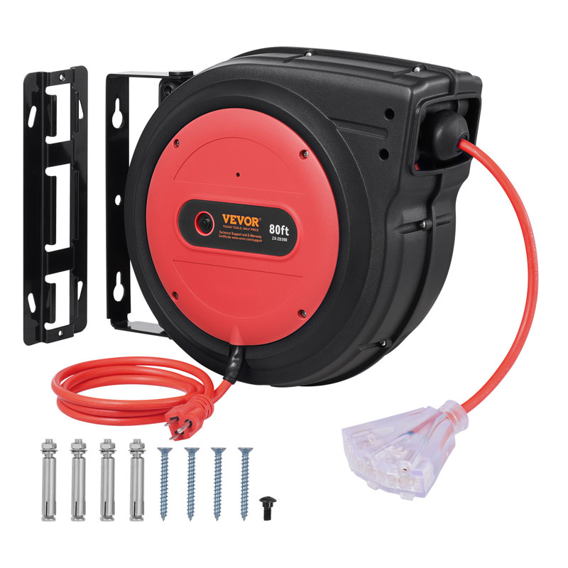 Enrouleur de cordon d'alimentation rétractable 80 pi, Rouge / noir