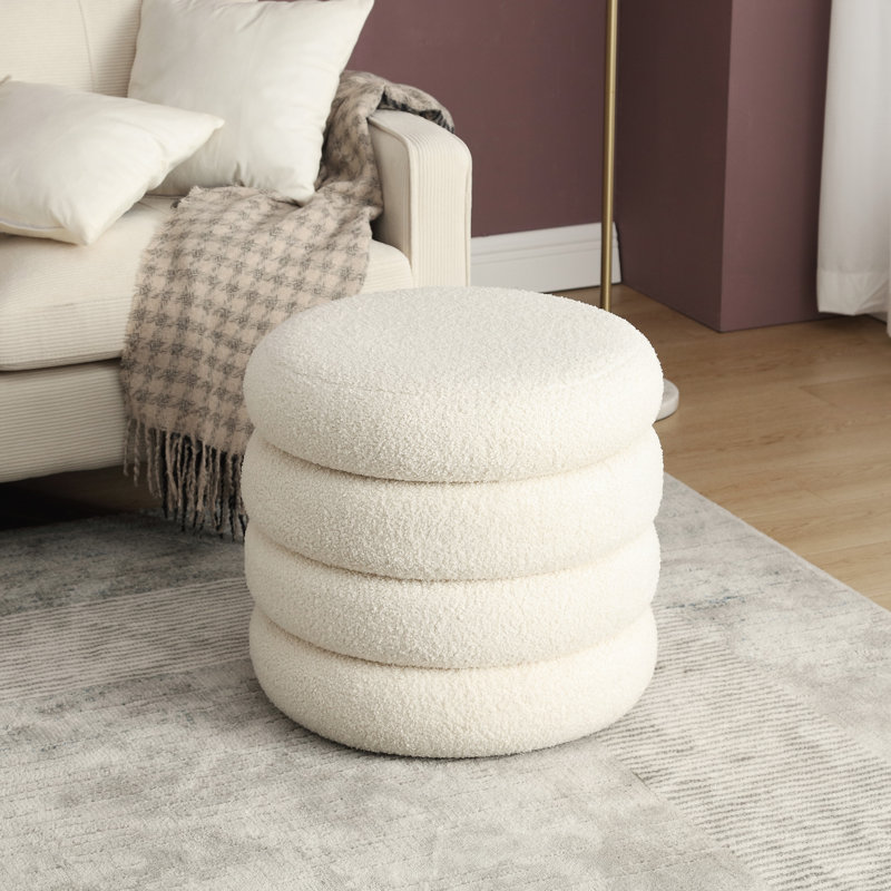 Leiani 20.1" Wide Boulce/Velvet/Linen Upholstered Round Storage Ottoman, White Boucle