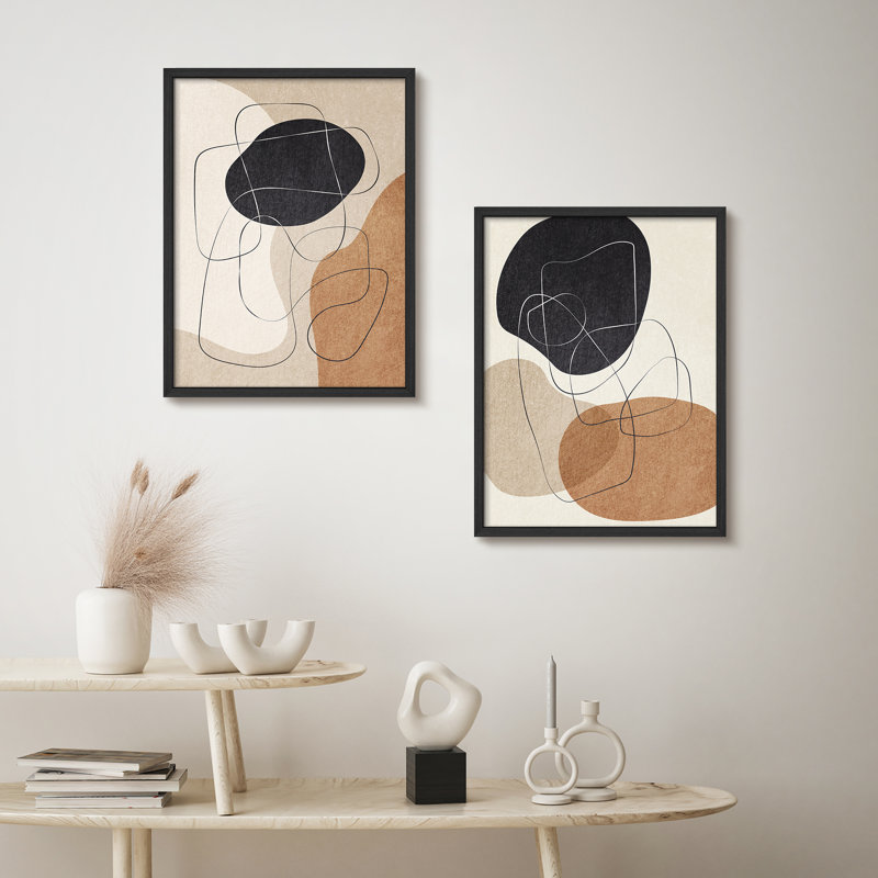 Brun clair, formes abstraites neutres, art encadré, affiches, salle de bain, petit art mural, Noir, noir, noir, noir