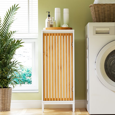 Armoire de salon avec porte à lattes en bambou - naturel / blanc