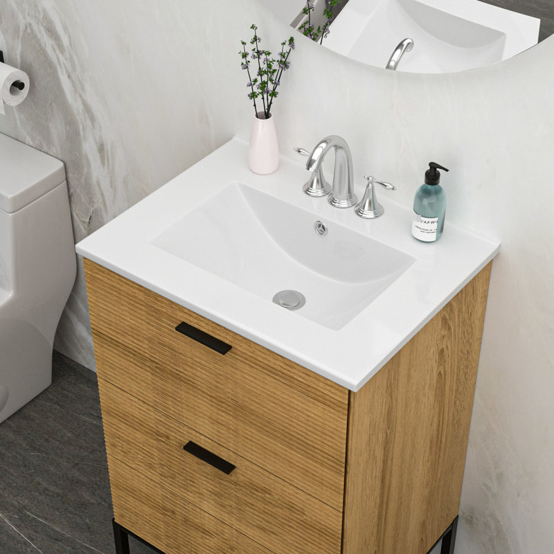 Dessus de meuble-lavabo en céramique 24 po x 18 po blanc - teinté, fonction de trop-plein, 3 trous de robinet, trop-plein de comptoir, spacieux