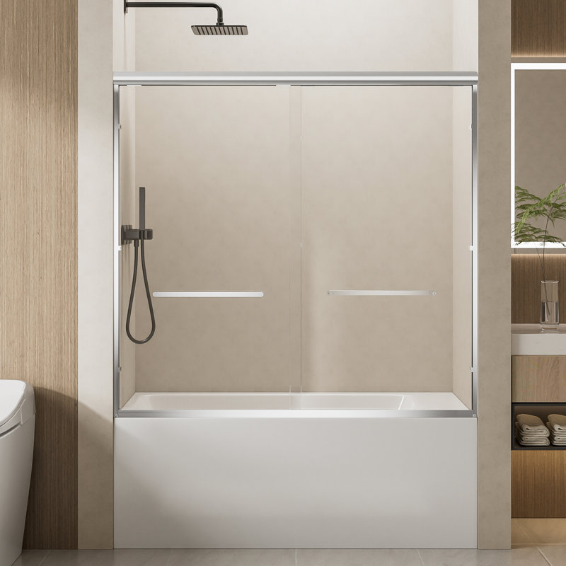 60 Wide X 57 High Aluminum Frame Double Sliding Bathtub Door, 1/4 Clear Tempered Glass, Soft-Close Feature, Reversible For Distinct Bathroom Configurations, Glass With Reduced Breakage Risk 60W 57H
