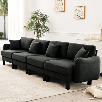 4 - Seater In Dark Grey Boucle Fabric, Featuring Shell Shaped And Soft Breathable Seating, Modern Design For Lounge Areas, Comfortable Game Nights Fabric Grey, With Spring Supported Movie