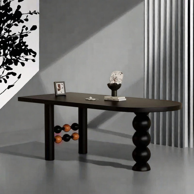 Black Half-Moon Solid Wood Dining Table, 29.5"H x 86.6"L x 35.4"W
