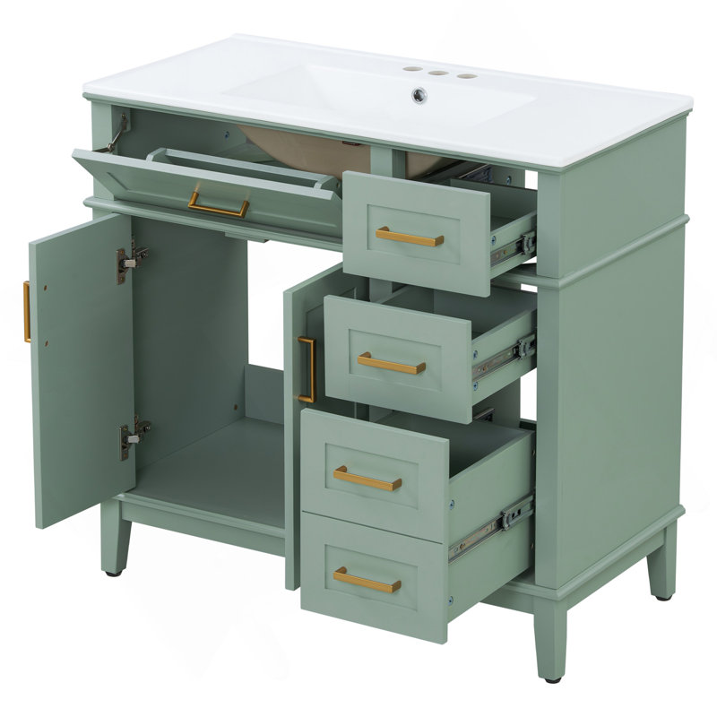 36" Light Green Modern Bathroom Vanity With Ceramic Sink, Soft-Close Door, And 4 Storage Drawers , Offering A Refined Look With Practical Everyday Functionality.