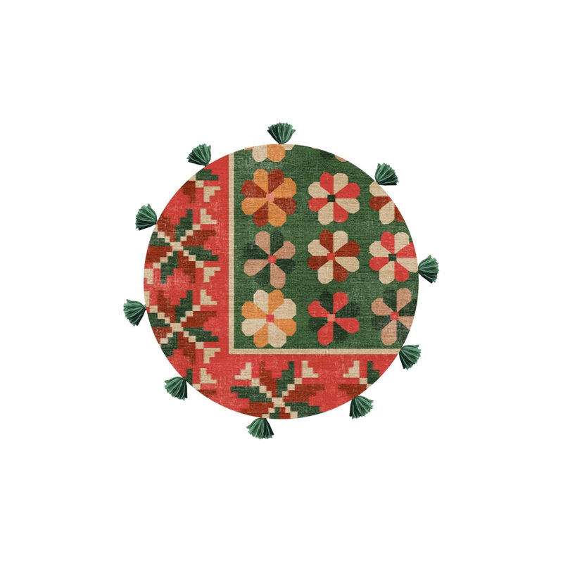 Tapis décoratif rond vert à motif mixte, Rond 3 pi 4 po