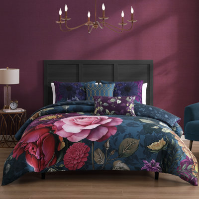 Bebejan 220 Thread Count Vibrant Flora Reversible Comforter Set In Blue