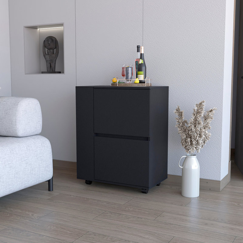 Chariot-bar noir polyvalent pour recevoir avec forme et roues rectangulaires élégantes pour la cuisine