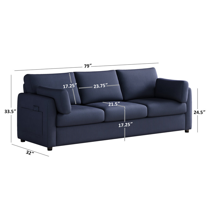 79" Striped Corduroy Upholstered 3 Seater Sofa With Armrest Pockets, Blue