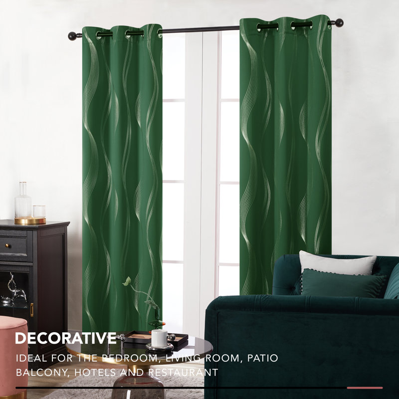 Spurgh Sliver Wave Foil Print Blackout Thermal Grommet Curtain Panels (Set of 2), 42" W x 84" L, Dark Forest