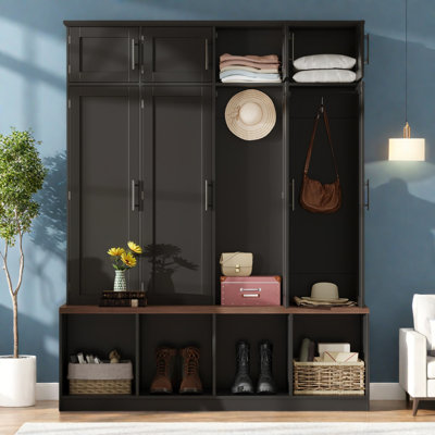Farmhouse Hall Tree with 4 Hidden Hooks, Walnut Seating Bench, 8-Door Shoe Cabinet & Open Compartments for Entryway
