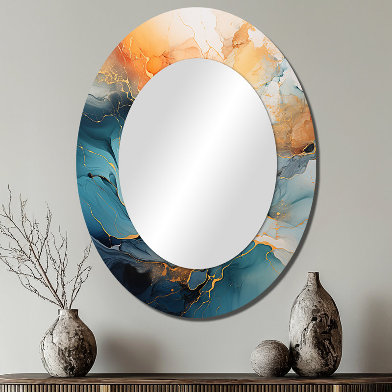 Teal Orange Bold Abstract Flow Collage II - Teal Bold & Eclectic Modern Oval Wall Mirror, 40" x 30"