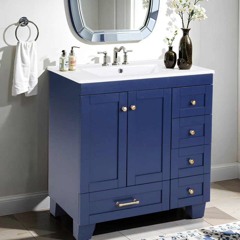 Meuble-lavabo bleu de 30 po, lavabo en céramique, tiroirs à fermeture en douceur, structure en bois massif, rangement, tiroirs coulissants pour l'organisation du rangement, meuble-lavabo 76 x 47 x 85 cm