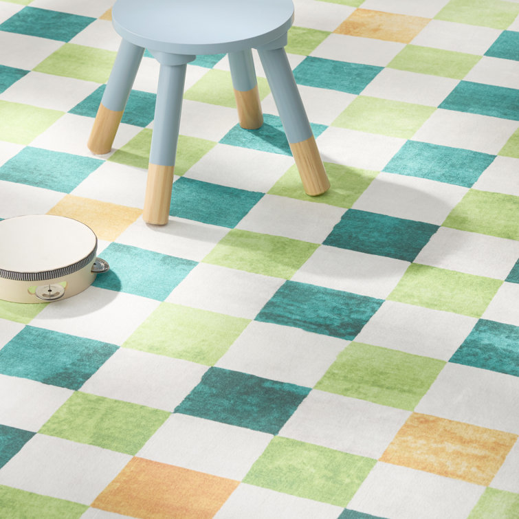 TOWN & COUNTRY PLAY Niko Checkmate Kids Plush Washable Area Rug, Green/Multi