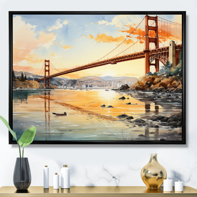 Edmir Orange Bridge Golden Gateway V sur impression sur toile, H 24 po x l 32 po x P 1 po, Cadre flottant noir
