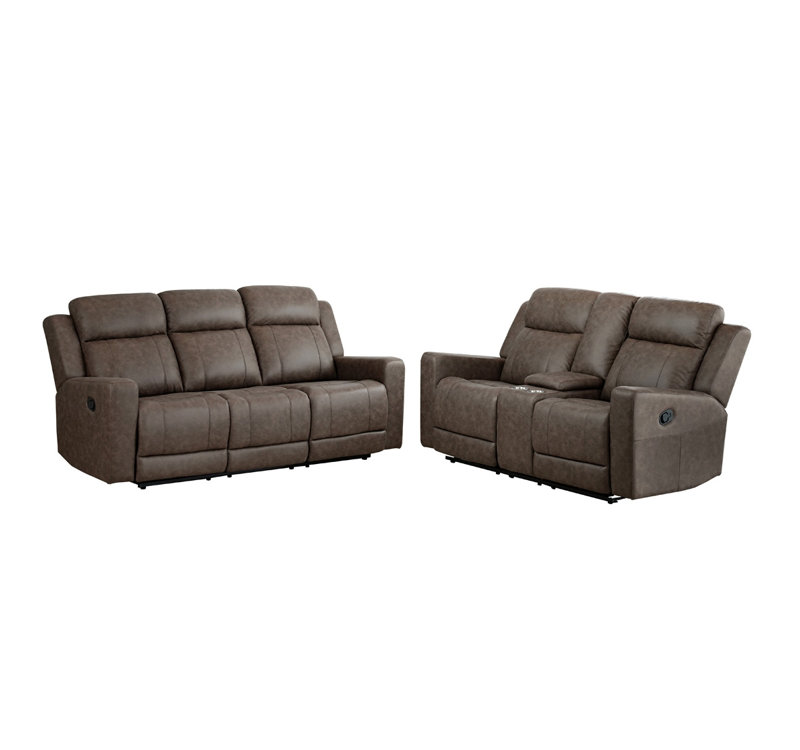 Ensemble 2 pièces: canapé inclinable et causeuse avec console, microfibre polie brune, Brown