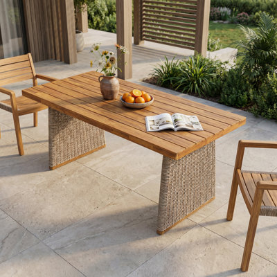 Table de salle à manger d'extérieur en bois d'acacia, finition teck + osier brun