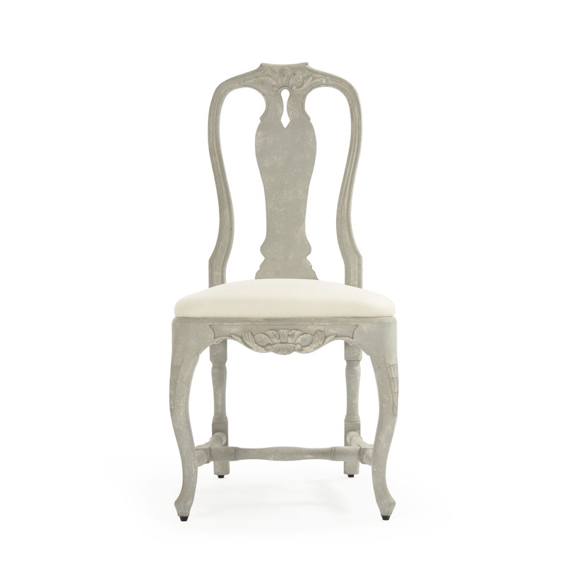 Distressed Grey Blue Queen Anne Upholstered Side Chair in Off-White Linen