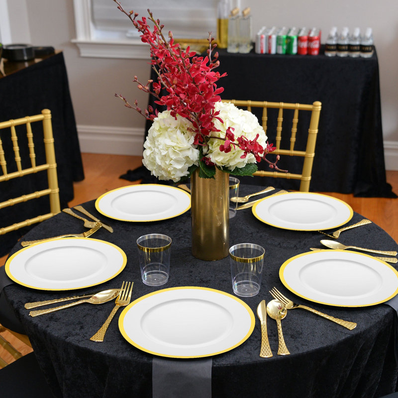 Assiettes de présentation rondes jetables en plastique blanc à bordure dorée (13 pouces) - 60 assiettes
