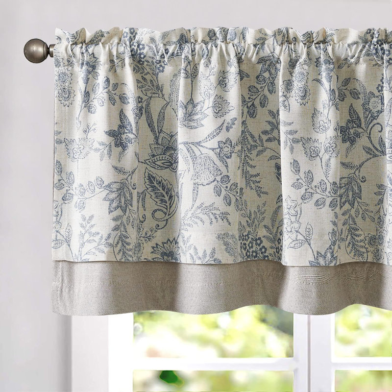 Cantonnière en lin à motif floral, Bleu, 50" W x 18" L