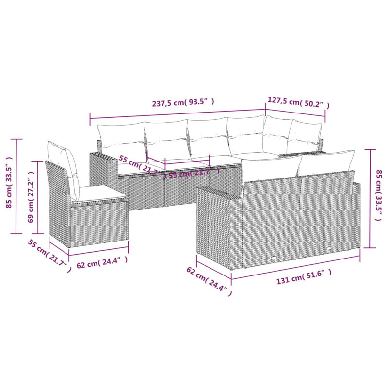 Ensemble de canapé de jardin Vidaxl 8 pièces en rotin PE et acier thermolaqué beige