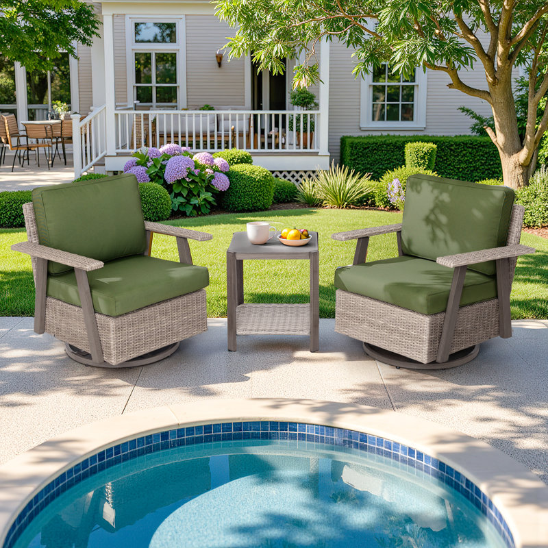 Arusha Antilles Howton 3-Piece 360-Degree Oversized Resin Wicker Outdoor Swivel Rocker Patio Chairs Set, Green