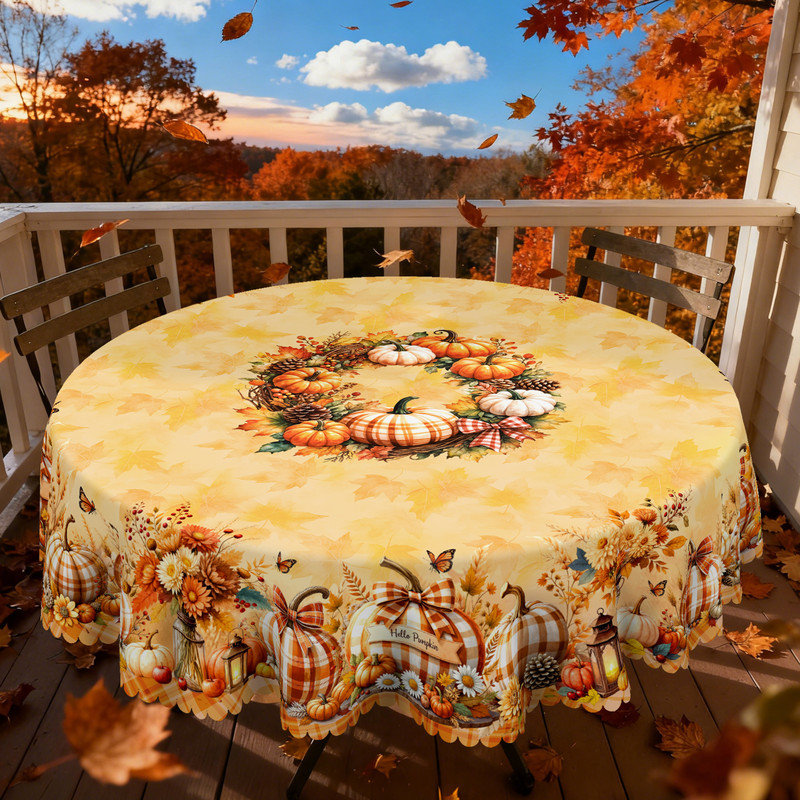 Golden Autumn Pumpkin-Patterned Machine-Washable Polyester Tablecloth
