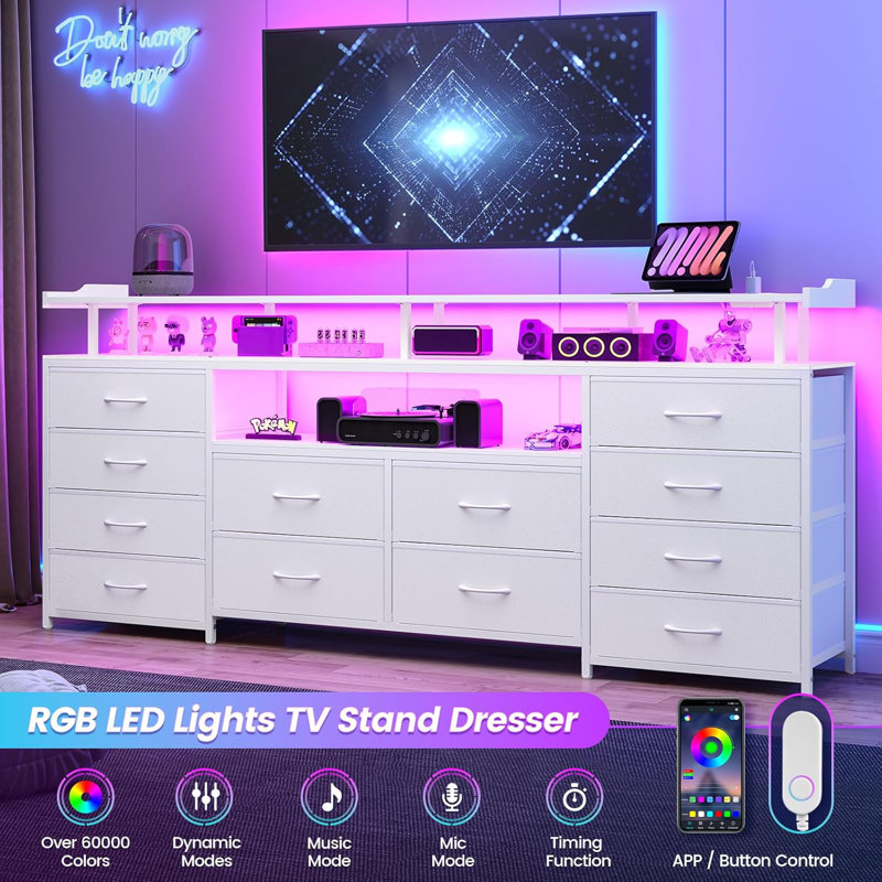 63" Large Tv Stand Dresser With  12 Drawers  For 65/70 Inch Tv, Entertainment Center With Led Lights & Power Outlets & Tv Console For Bedroom