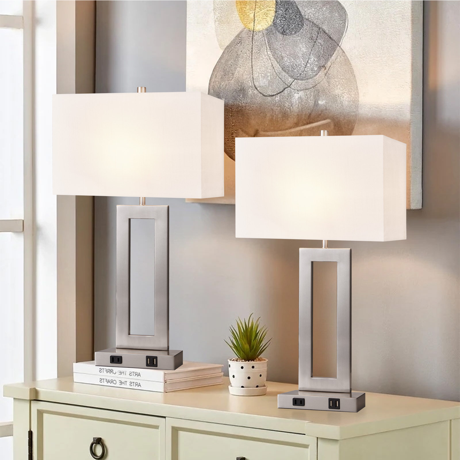 22" Dimmable Touch Control Table Lamp with Dual USB Ports (Set of 2) - Brushed Nickel