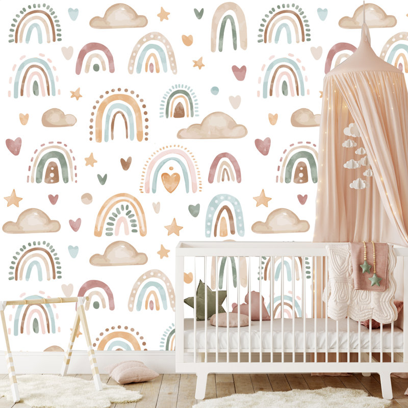 Rouleau de papier peint pelez et collez L 10 pi x 24 po Farhat Cute Boho Rainbows and Clouds
