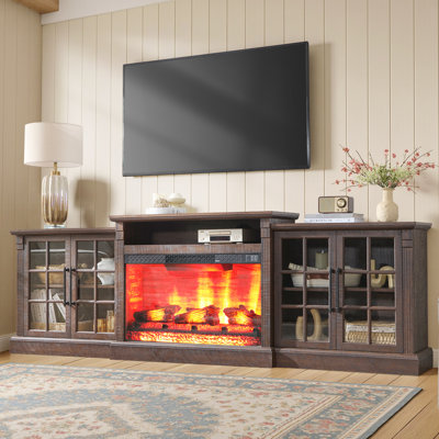97" W Farmhouse Fireplace TV Stand for TVs up to 88" with Ample Storage Space, Rustic Brown