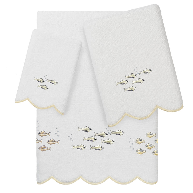  100% Turkish Cotton FISH SCHOOL Scallop 3PC Embellished Towel Set, White/Beige, 3 Piece Towel Set