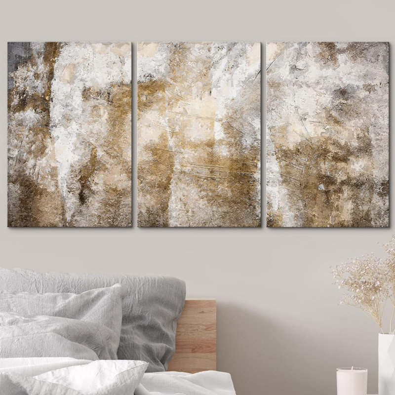 «Minimal Brown White Paint Stroke Collage Abstract Shapes Modern Art Decor on Canvas», reproduction de 3 pièces, Toile tendue