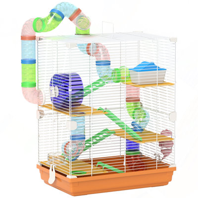 Cage à hamster 18 "à 5 niveaux avec tubes et tunnels, cage pour petits animaux avec poignée de transport portable, cage à gerbille avec bouteille d'eau, plat à nourriture, roue d'exercice, orange