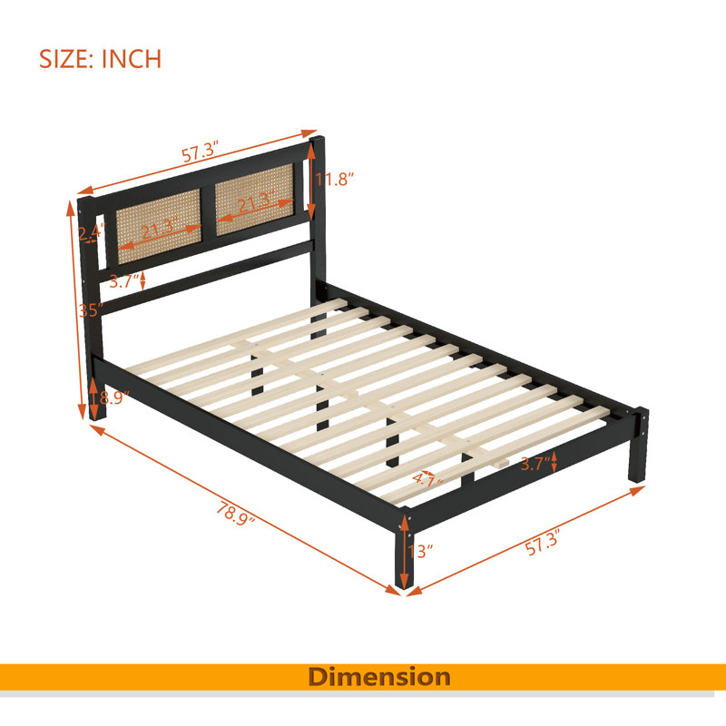 Lit plateforme en bois avec tête de lit en rotin naturel, élégance exquise et charme minimaliste pour la chambre à coucher